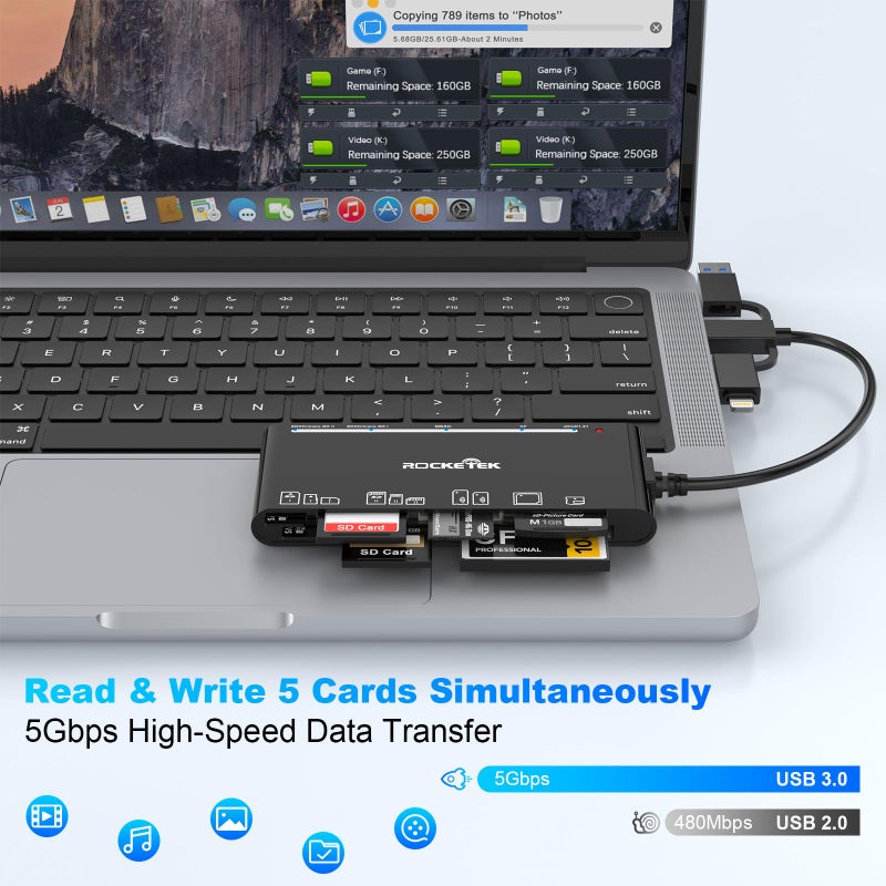 Rocketek 7 in 1 Multi Memory Card Reader USB C Lightning USB3.0 Multi Card Reader for SD TF CF XD MS,SD Card Reader Adapter for for iPhone/iPad/MacBook/Samsung/PC Plug and Play Simultaneously Read/Write 5Gbps - Image 4